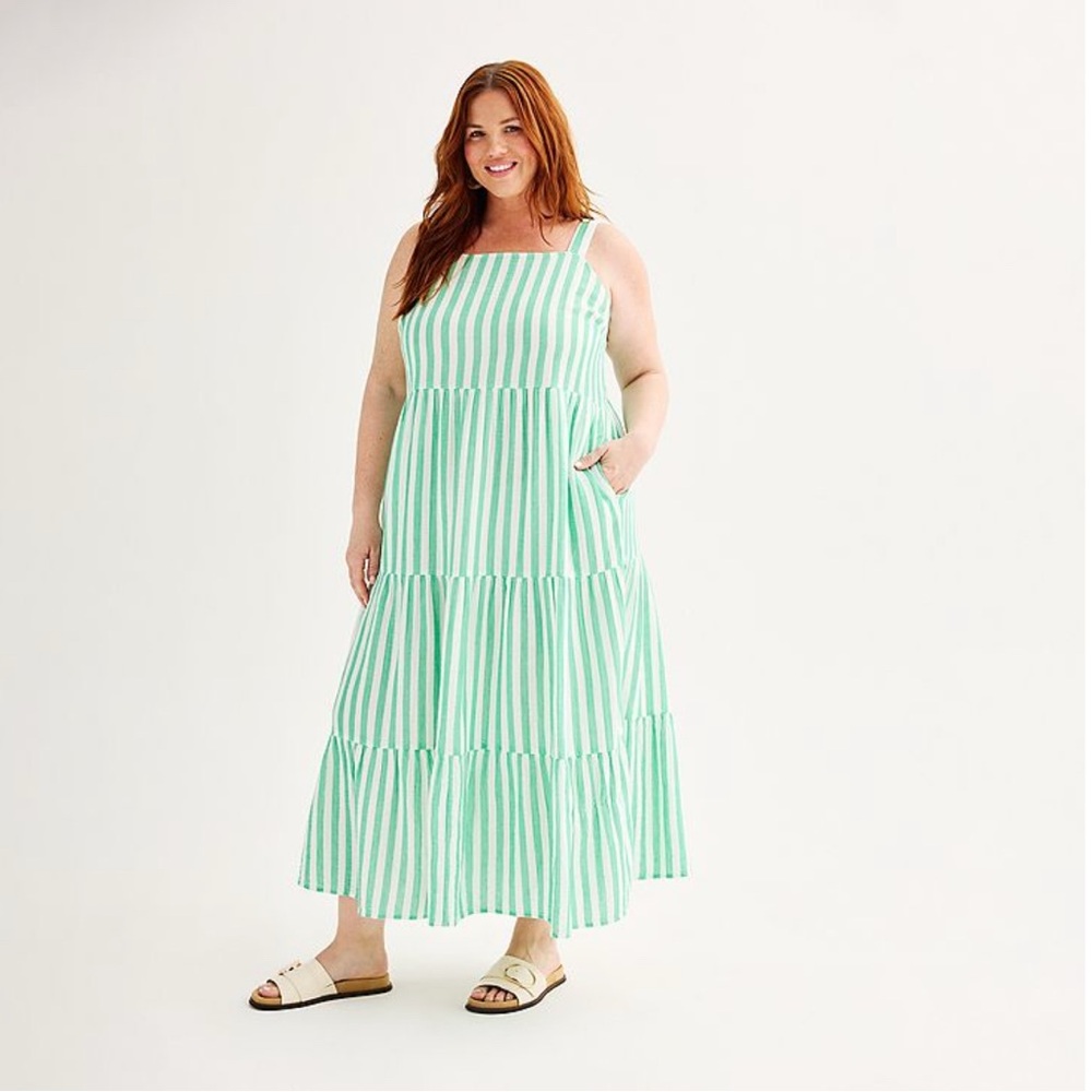 Plus Size Gauze Maxi Dress. Green and White Striped 2X NEW